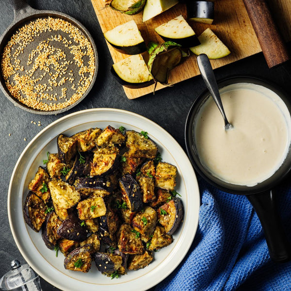 Miso aubergine with lime kale