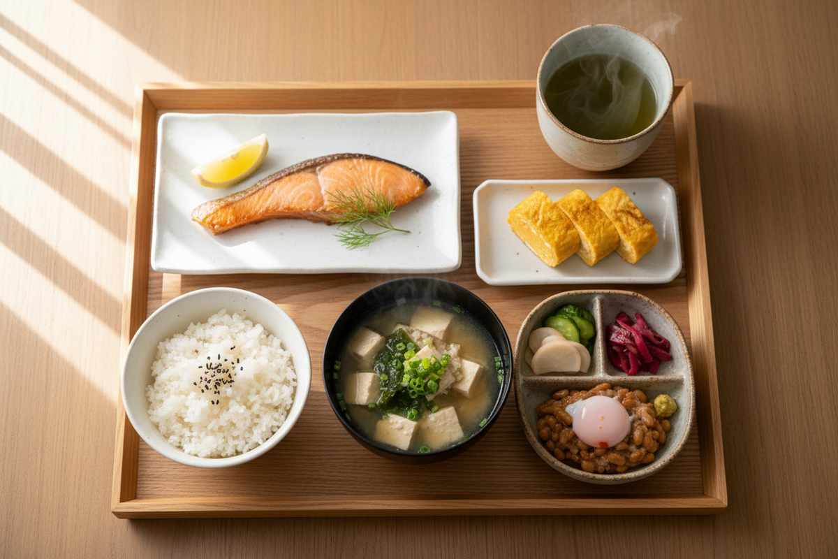 breakfast meal japanese with salmon, pickled vegetables, natto, rice, green tea, miso soup with tofu and omelette