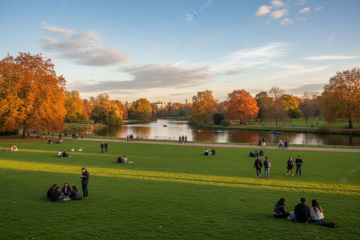 hyde park in london with people sitting, walking and enjoying the day in autumn