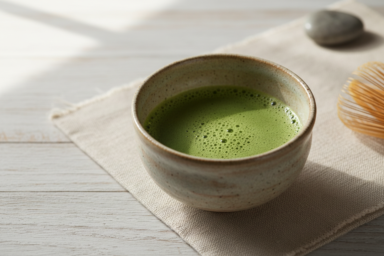 Matcha in a traditional japanese ceramic cup, in a café table, reflecting the global popularity of matcha and its role in contemporary food culture.