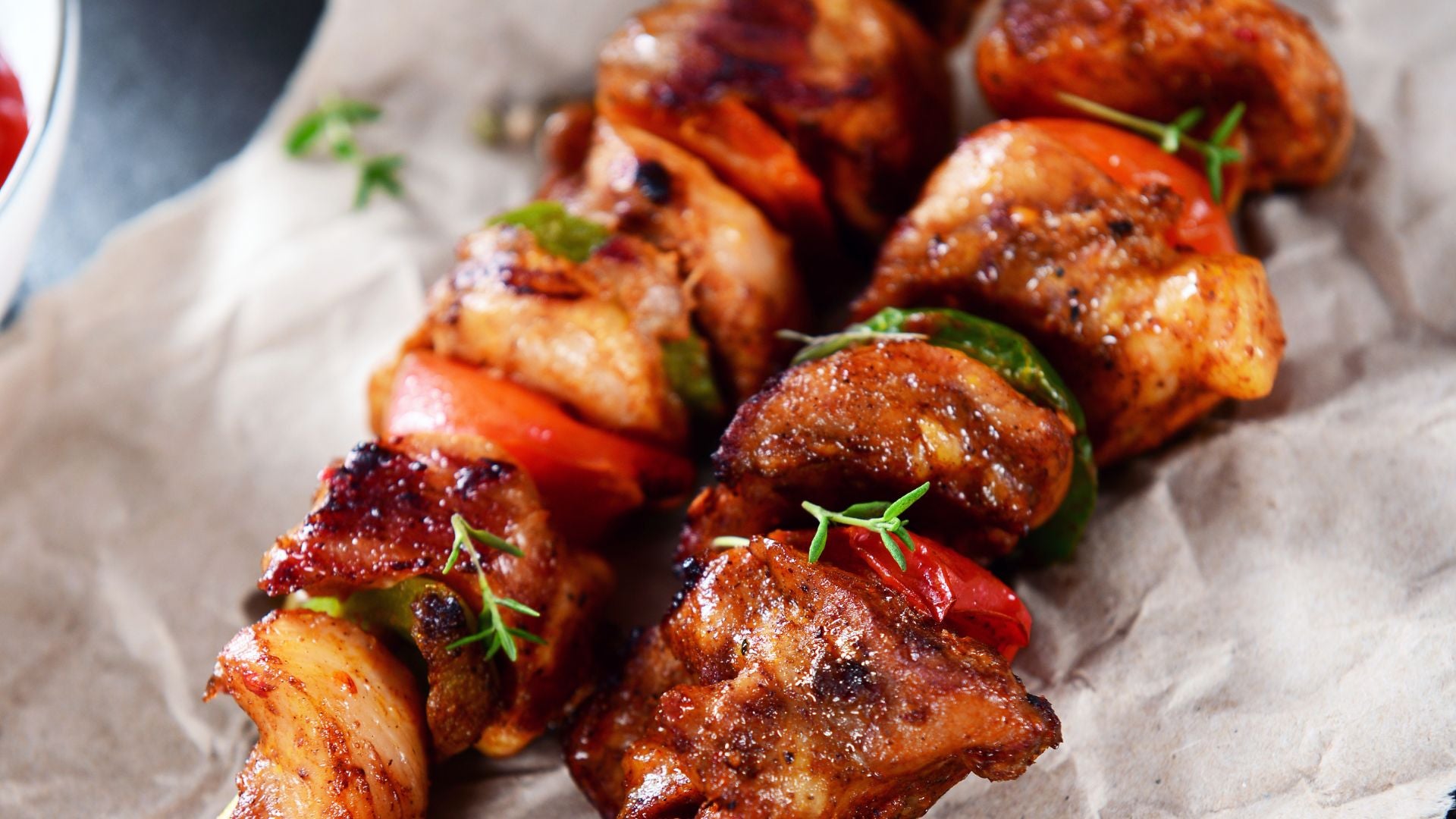 Crispy chicken rainbow skewers