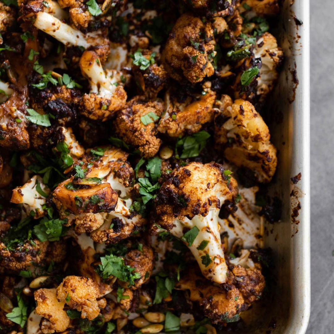 Harissa cauliflower & chickpea traybake